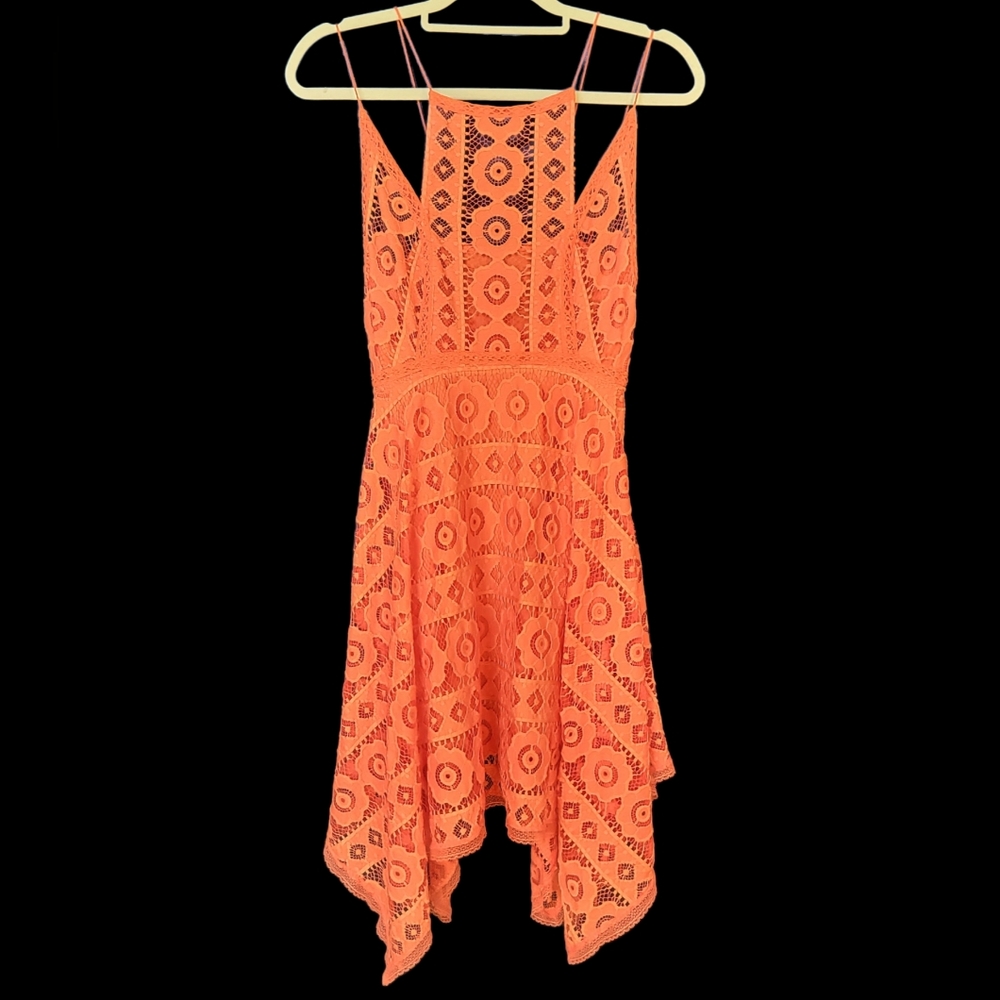 Free People Just Like Honey Coral Handkerchief Lace Overlay Midi Dress size 0